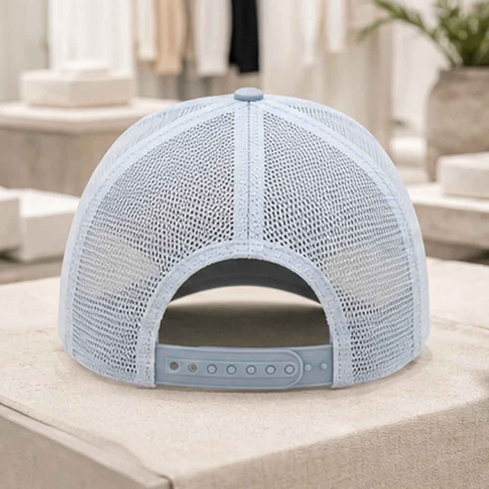 ALO Yoga Mist Blue Gray Athleisure Mesh Trucker Cap Hat Logo